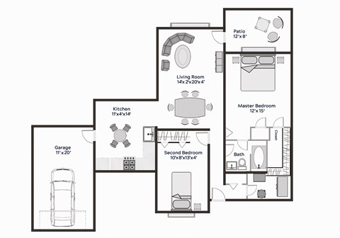 The Pine - Two Bedroom One Bathroom Floor Plan at The Village at Bridgewater, Bridgewater